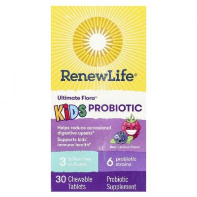 Renew Life, Ultimate Flora, пробиотик для детей, ягодный вкус, 3 млрд живых культур, 30 жевательных таблеток / Пробиотики для детей | Аптека | V4.Ru: Маркетплейс