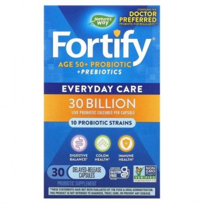 Nature's Way, Fortify, Age 50+ Probiotic + Prebiotics, Everyday Care, 30 Billion, 30 Delayed-Release Veg. Capsules / Пребиотики | Аптека | V4.Ru: Маркетплейс