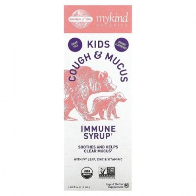 Garden of Life, Mykind Organics, Kids Cough & Mucus, иммунный сироп с листьями плюща, цинком и витамином C, 116 мл (3,92 жидк. Унции) / Средства от простуды, ОРВИ и кашля для детей | Аптека | V4.Ru: Маркетплейс