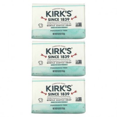 Kirk's, Gentle Castile Soap Bar, Fragrance Free, 3 Bars, 4.0 oz (113 g) Each / Кастильское мыло | Аптека | V4.Ru: Маркетплейс