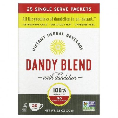 Dandy Blend, Instant Herbal Beverage With Dandelion (Быстрорастворимый травяной напиток с одуванчиком), без кофеина, 25 одноразовых пакетиков / Травяные заменители кофе | Аптека | V4.Ru: Маркетплейс