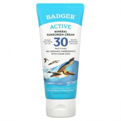 Badger Company, Active, минеральный крем от загара, SPF 30, без запаха, 87 мл (2,9 жидк. унции) / Солнцезащитные средства | Аптека | V4.Ru: Маркетплейс