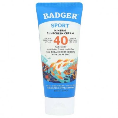 Badger Company, Sport, минеральный крем от загара, SPF 40, без запаха, 87 мл (2,9 жидк. унции) / Солнцезащитные средства | Аптека | V4.Ru: Маркетплейс