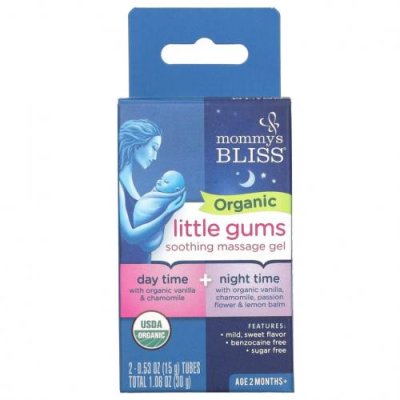 Mommy's Bliss, Organic Little Gums, успокаивающий массажный гель, дневной/ночной пакет, для детей в возрасте от 2 месяцев, 2 тюбика, 15 г (0,53 унции) каждый / Комплекты и аксессуары для ухода за полостью рта | Аптека | V4.Ru: Маркетплейс