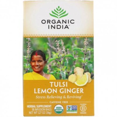 Organic India, чай с тулси, лимоном и имбирем, без кофеина, 18 пакетиков, 36 г (1,27 унции) / Чай тулси | Аптека | V4.Ru: Маркетплейс