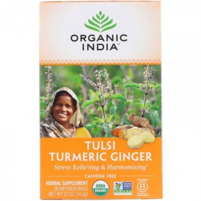 Organic India, чай тулси, куркума и имбирь, без кофеина, 18 чайных пакетиков, 34,2 г (1,2 унции) / Чай тулси | Аптека | V4.Ru: Маркетплейс