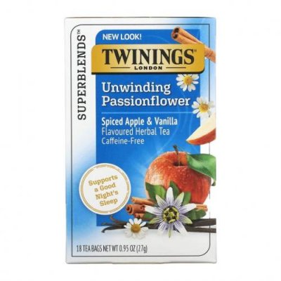 Twinings, Успокаивающий травяной чай, страстоцвет и ромашка, пряное яблоко и ваниль, без кофеина, 18 пакетиков по 0,95 унц. (27 г) / Травяной чай | Аптека | V4.Ru: Маркетплейс