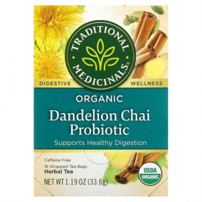 Traditional Medicinals, Organic Dandelion Chai Probiotic, пробиотический чайс одуванчиком, 16 чайных пакетиков, 33,6 г (1,19 унции) / Чай из одуванчиков | Аптека | V4.Ru: Маркетплейс