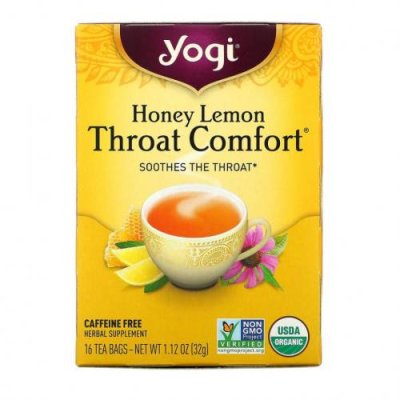 Yogi Tea, Органический, Throat Comfort, со вкусом меда и лимона, без кофеина, 16 чайных пакетиков, 1.12 унций (32 г) / Травяной чай | Аптека | V4.Ru: Маркетплейс