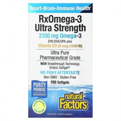 Natural Factors, Ultra Strength, RxOmega-3, с витамином D3, 900 мг ЭПК/ДГК (эйкозапентаеновая/докозагексаеновая кислота), 150 гелевых капсул Enteripure / Рыбий жир омега-3 | Аптека | V4.Ru: Маркетплейс