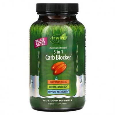 Irwin Naturals, 3-in-1 Carb Blocker, блокатор углеводов 3-в-1, максимальный эффект, 150 желатиновых капсул / Диетические средства | Аптека | V4.Ru: Маркетплейс