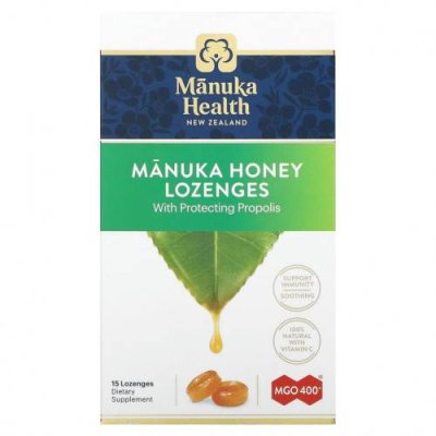 Manuka Health, Леденцы с медом Manuka, прополис, MGO 400+, 15 леденцов / Пастилки от кашля и боли в горле | Аптека | V4.Ru: Маркетплейс