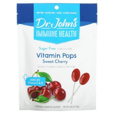 Dr. John's Healthy Sweets, Immune Health, леденцы со вкусом леденцов, + 200% суточной нормы витаминов C и D, черешня, без сахара, 14 леденцов на палочке в индивидуальной упаковке, 109 г (3,85 унции) / Леденцы | Аптека | V4.Ru: Маркетплейс