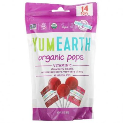 YumEarth, Organic Pops, витамин C, клубничное мороженое, ягоды раззматаз, вишня, 14 леденцов, 87 г (3,1 унции) / Леденцы | Аптека | V4.Ru: Маркетплейс