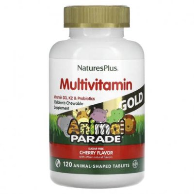 NaturesPlus, Source of Life, Animal Parade Gold, добавка для детей с мультивитаминами и микроэлементами, натуральный ароматизатор «Вишня», 120 таблеток в форме животных / Детские мультивитамины | Аптека | V4.Ru: Маркетплейс