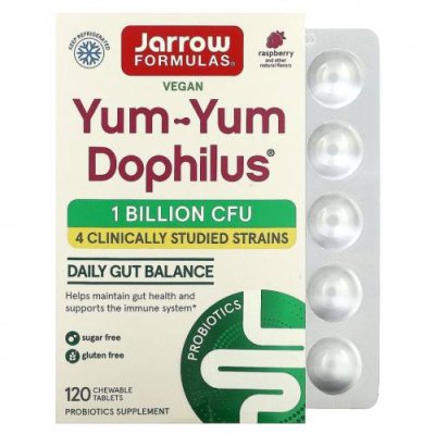 Jarrow Formulas, Yum-Yum Dophilus, без сахара, с натуральным ароматизатором со вкусом малины, 120 жевательных таблеток / Пробиотики | Аптека | V4.Ru: Маркетплейс