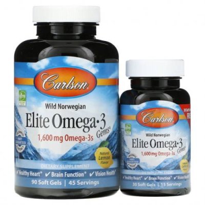 Carlson Labs, Wild Caught, Elite Omega-3 Gems, отборные омега-3 кислоты, натуральный лимонный вкус, 800 мг, 90 +30 мягких таблеток / Рыбий жир омега-3 | Аптека | V4.Ru: Маркетплейс