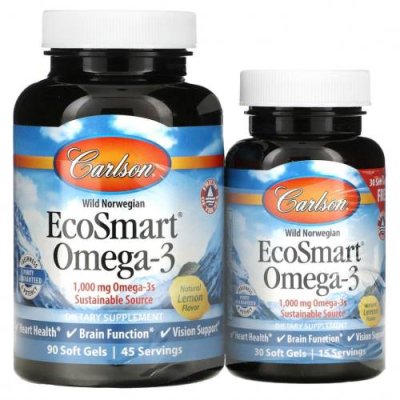 Carlson Labs, EcoSmart Omega-3, натуральный ароматизатор «Лимон», 1000 мг, 90 + 30 желатиновых капсул / Рыбий жир омега-3 | Аптека | V4.Ru: Маркетплейс