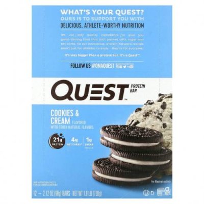 Quest Nutrition, Протеиновый батончик, печенье и сливки, 12 батончиков, 2,12 унции (60 г) каждый / Молочные белковые батончики | Аптека | V4.Ru: Маркетплейс