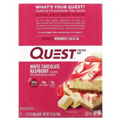 Quest Nutrition, Белковый батончик Quest, белый шоколад с малиной, 12 батончиков, 2,12 унц. (60 г) каждый / Молочные белковые батончики | Аптека | V4.Ru: Маркетплейс