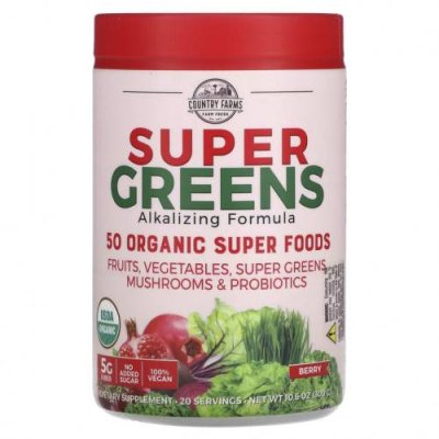 Country Farms, Super Greens, подщелачивающая формула, ягоды, 300 г (10,6 унции) / Смеси зелени и суперфудов | Аптека | V4.Ru: Маркетплейс