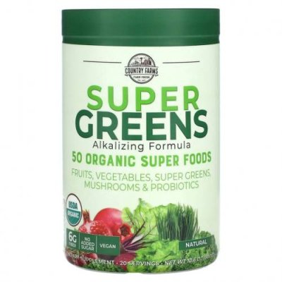 Country Farms, Super Greens, формула с подщелачивающими травами, с нейтральным вкусом, 300 г (10,6 унции) / Зеленые смеси | Аптека | V4.Ru: Маркетплейс