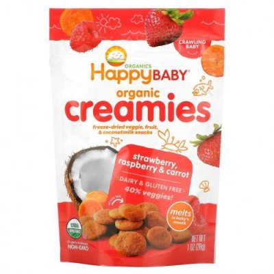 Happy Family Organics, Organic Creamies, снеки из сублимированных овощей, фруктов и кокосового молока, клубника, малина и морковь, 28 г (1 унция) / Снеки, батончики и продукты, которые едят руками | Аптека | V4.Ru: Маркетплейс