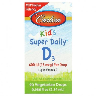 Carlson, Kid's Super Daily D3, 15 мкг (600 МЕ), 90 вегетарианских капель, 2,54 мл (0,086 жидк. Унции) / Витамин D для детей | Аптека | V4.Ru: Маркетплейс