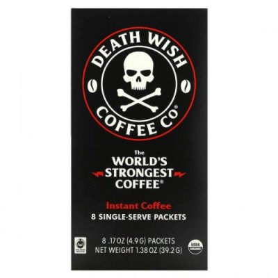 Death Wish Coffee, The World's Strongest Coffee, растворимый кофе, темная обжарка, 8 порционных пакетиков по 4,9 г (17 унций) / Растворимый кофе | Аптека | V4.Ru: Маркетплейс