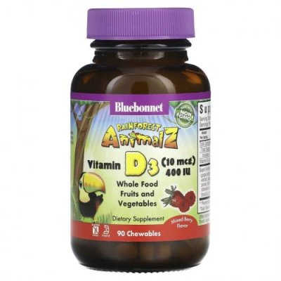 Bluebonnet Nutrition, Rainforest Animalz, витамин D3 с натуральным ягодным вкусом, 400 МЕ, 90 жевательных таблеток / Витамин D для детей | Аптека | V4.Ru: Маркетплейс