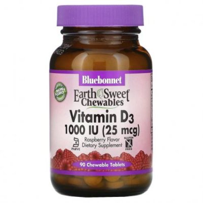 Bluebonnet Nutrition, EarthSweet Chewables, витамин D3, со вкусом малины, 25 мкг (1000 МЕ), 90 жевательных таблеток / D3 (холекальциферол) | Аптека | V4.Ru: Маркетплейс