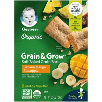 Gerber, Organic, Grain & Grow, мягкие запеченные зерновые батончики, от 12 месяцев, со вкусом банана, манго и ананаса, 8 батончиков по 19 г / Снеки, батончики и продукты, которые едят руками | Аптека | V4.Ru: Маркетплейс