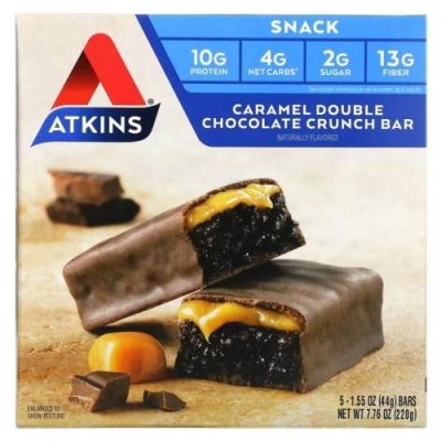 Atkins, Snack, хрустящий батончик для перекуса, карамель и двойной шоколад, 5 штук по 44 г (1,55 унции) / Питательные батончики | Аптека | V4.Ru: Маркетплейс