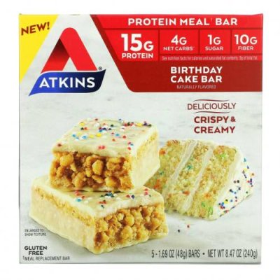 Atkins, Protein Meal Bar, Батончик на день рождения, 5 батончиков, 1,69 унции (48 г) каждый / Батончики, заменяющие прием пищи | Аптека | V4.Ru: Маркетплейс