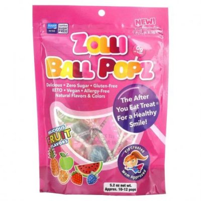 Zollipops, Zolli Ball Popz, фруктовые леденцы на палочке, ассорти, 10–12 леденцов, 147 г (5,2 унции) / Леденцы | Аптека | V4.Ru: Маркетплейс