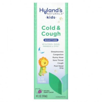 Hyland's, 4 Kids, ночной сироп от кашля и простуды, для детей 2–12 лет, натуральный виноградный вкус, 118 мл (4 жидк. унции) / Средства от простуды, ОРВИ и кашля для детей | Аптека | V4.Ru: Маркетплейс