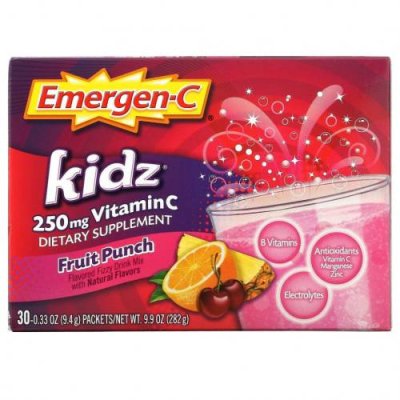 Emergen-C, Kidz, смесь для газированных напитков со вкусом витамина C, фруктовый пунш, 250 мг, 30 пакетиков по 9,4 г (0,33 унции) / Средства от простуды, ОРВИ и кашля для детей | Аптека | V4.Ru: Маркетплейс