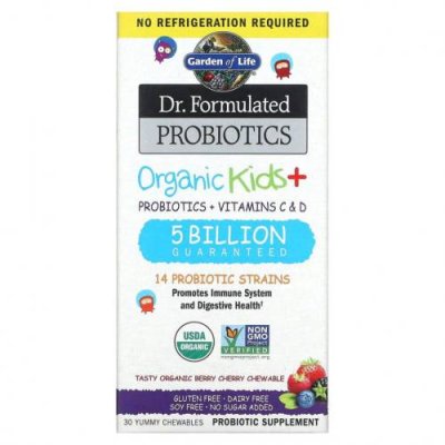 Garden of Life, Dr. Formated Probiotics, Organic Kids +, вкусные органические ягоды и вишня, 30 вкусных жевательных таблеток / Пробиотики для детей | Аптека | V4.Ru: Маркетплейс