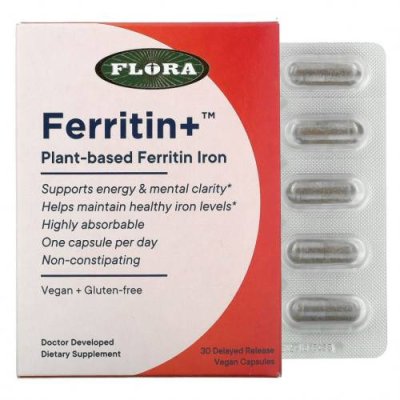 Flora, Ferritin+, ферритин (железо) на растительной основе, 30 веганских капсул с отсроченным высвобождением / Железо | Аптека | V4.Ru: Маркетплейс