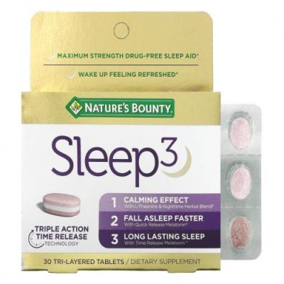 Nature's Bounty, Sleep 3, средство для снятия максимальной эффективности, без наркотиков, 30 трехслойных таблеток / Снотворные | Аптека | V4.Ru: Маркетплейс