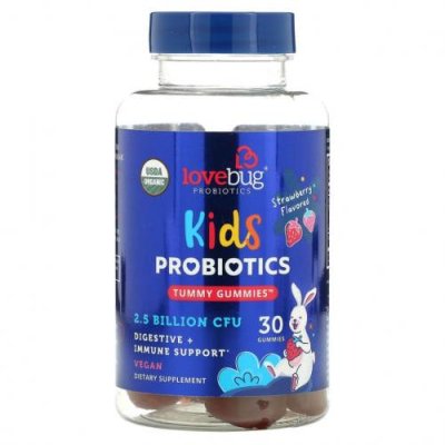 LoveBug Probiotics, Детские пробиотики, жевательные мармеладки, клубника, 2,5 млрд КОЕ, 30 жевательных таблеток / Пробиотики для детей | Аптека | V4.Ru: Маркетплейс