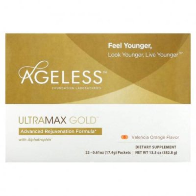 Ageless Foundation Laboratories, UltraMax Gold, улучшенная формула омоложения с альфатрофином, со вкусом валенсийского апельсина, 22 пакетика по 17,4 г каждый / Смеси аминокислот | Аптека | V4.Ru: Маркетплейс