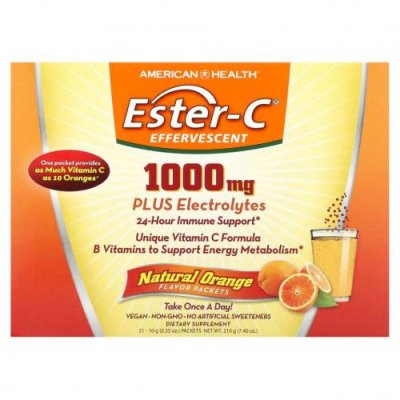 American Health, Ester-C, шипучая смесь для напитка, натуральный апельсиновый вкус, 1000 мг, 21 пакетик по 10 г (0,35 унции) / Эстер-С | Аптека | V4.Ru: Маркетплейс