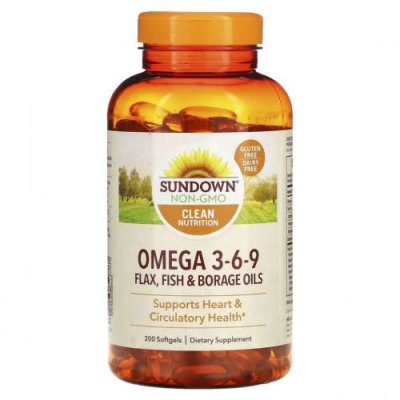 Sundown Naturals, омега 3-6-9, масла льна и бурачника и рыбий жир, 200 мягких таблеток / Незаменимые жирные кислоты, комбинации омега-3, -6 и -9 | Аптека | V4.Ru: Маркетплейс