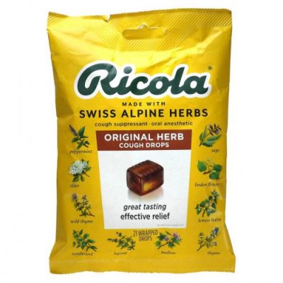 Ricola, Оригинальные натуральные леденцы от кашля с травами, 21 капля / Пастилки от кашля и боли в горле | Аптека | V4.Ru: Маркетплейс