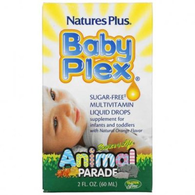 NaturesPlus, Source of Life, Animal Parade, Baby Plex, жидкие мультивитаминные капли без сахара, с натуральным вкусом апельсина, 2 жидкие унции (60 мл) / Детские мультивитамины | Аптека | V4.Ru: Маркетплейс