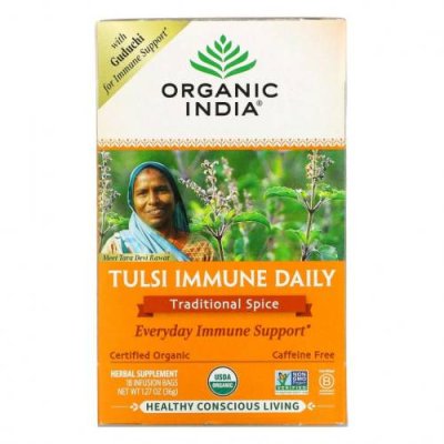 Organic India, Tulsi Immune Daily, традиционные специи, без кофеина, 18 пакетиков для настаивания, 36 г (1,27 унции) / Чай тулси | Аптека | V4.Ru: Маркетплейс