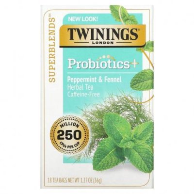 Twinings, Probiotics, травяной чай, перечная мята и фенхель, без кофеина, 18 чайных пакетиков, 36 г (1,27 унции) / Лечебные чаи | Аптека | V4.Ru: Маркетплейс