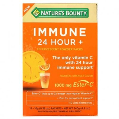 Nature's Bounty, Immune 24 Hour + шипучий порошок в пакетиках, натуральный апельсин, 14 пакетиков по 10 г (0,35 унции) каждый / Эстер-С | Аптека | V4.Ru: Маркетплейс