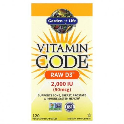 Garden of Life, Vitamin Code, RAW D3, 50 мкг (2000 МЕ), 120 вегетарианских капсул / D3 (холекальциферол) | Аптека | V4.Ru: Маркетплейс